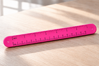 A bright pink plastic ruler with black printed inch and centimeter markings, lying diagonally on a light wood tabletop.